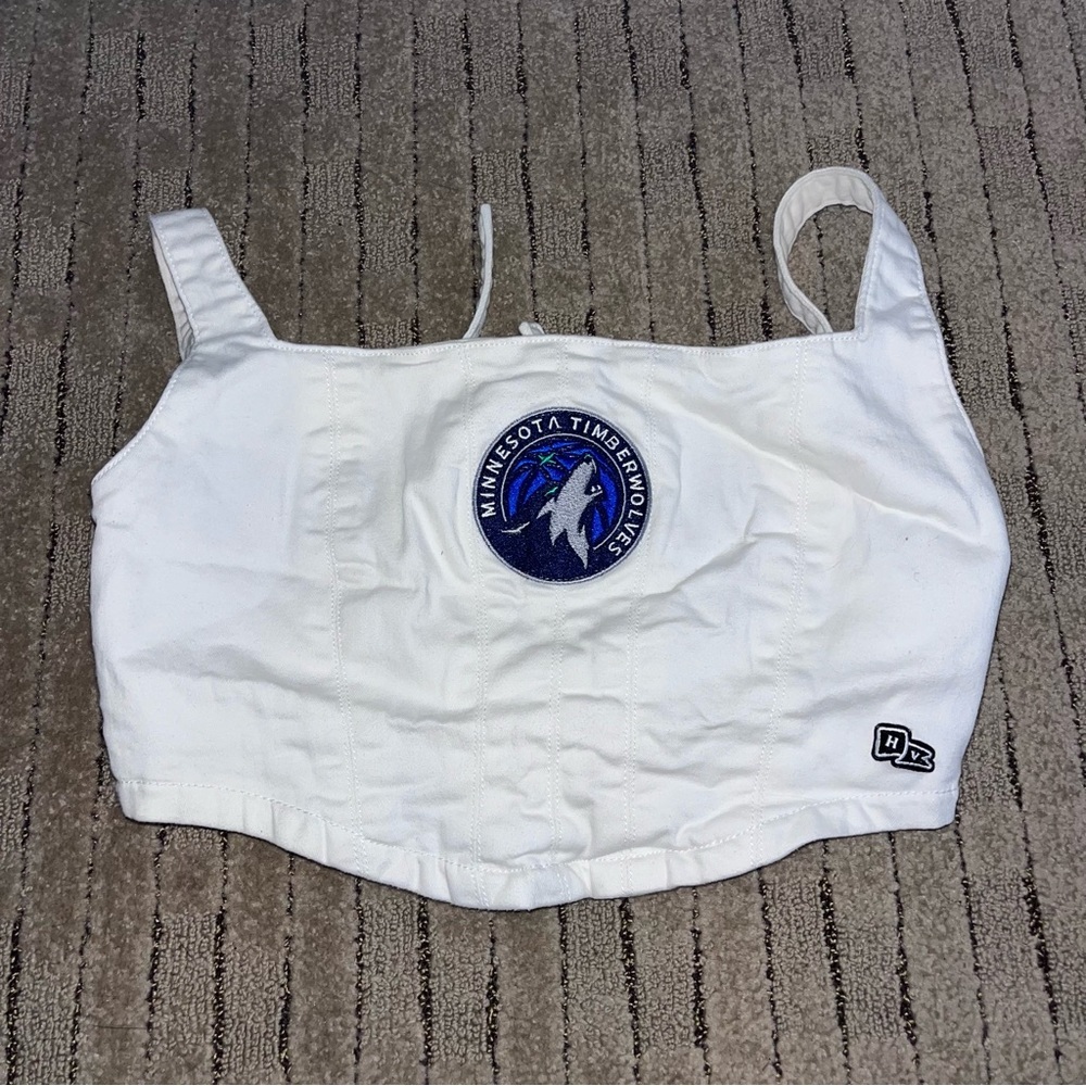 White Cropped Tank Top with Logo Patch Hype and Vice MINNESOTA TIMBERWOLVES